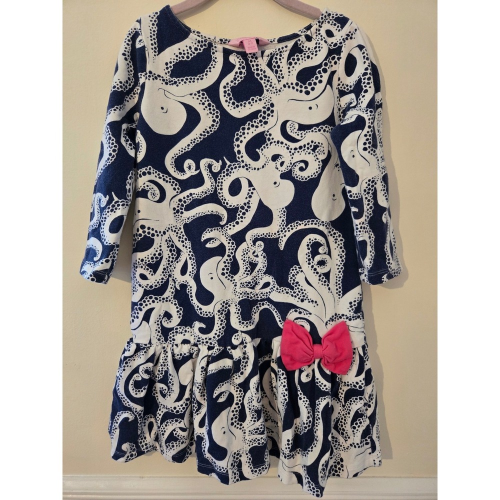 Lilly Pulitzer Girls Navy‎ White Octopus Print Dress Pink Bow Size M 6-7 62424G